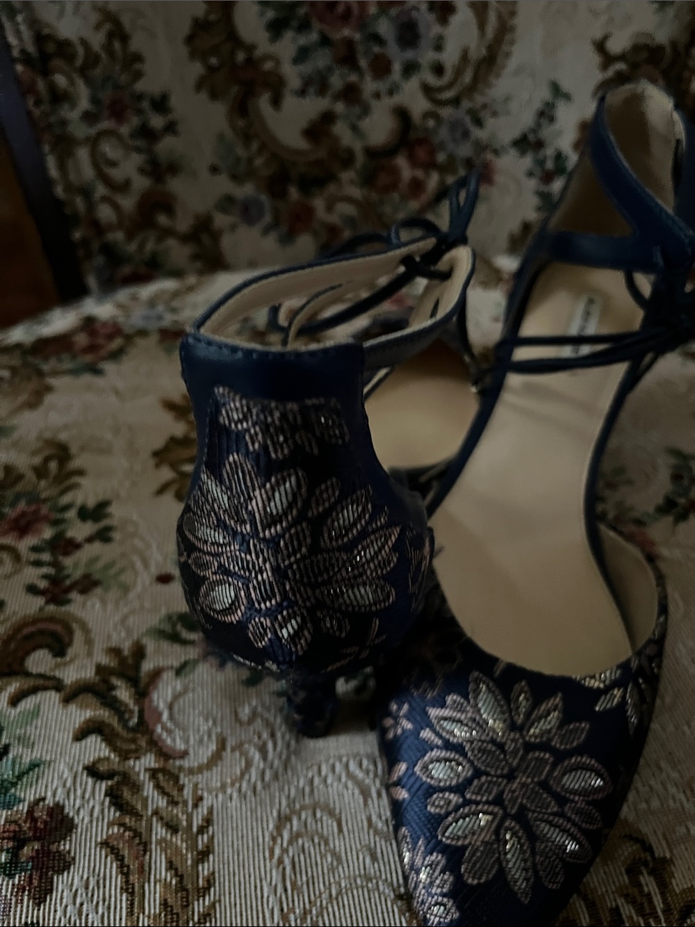 Alex Marie Navy Floral Lace Tie-Ankle Pointed Heels - Picture 3 of 6